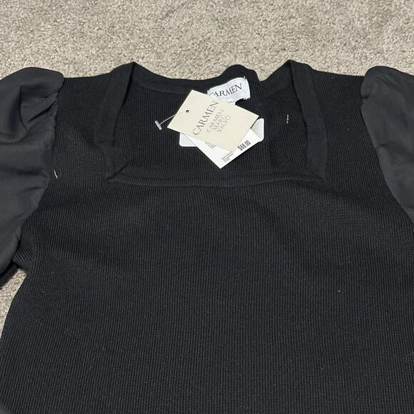 Carmen Marc Valvo S Blouse Ribbed Puff‎ Sheer Sleeve Square Neck Black NWT - Picture 3 of 11